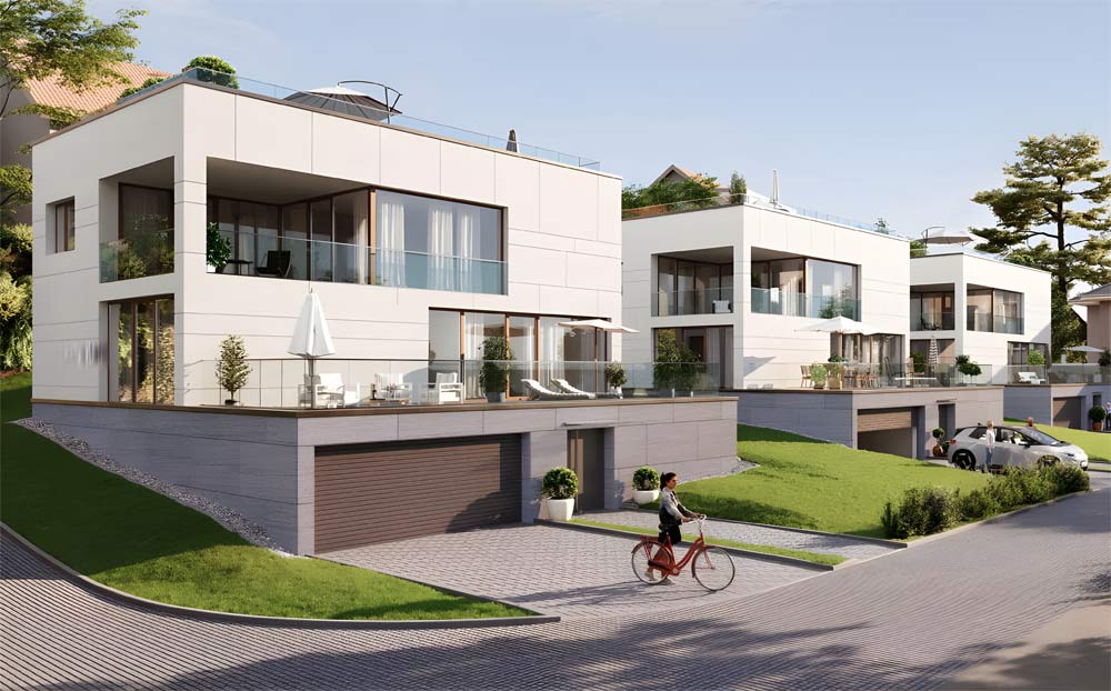 Außenansicht eines modernen Neubaus in Form eines Einfamilienhauses. Entworfen von den erfahrenen Architekten des Architekturbüros Goldstein Baukonzepte.