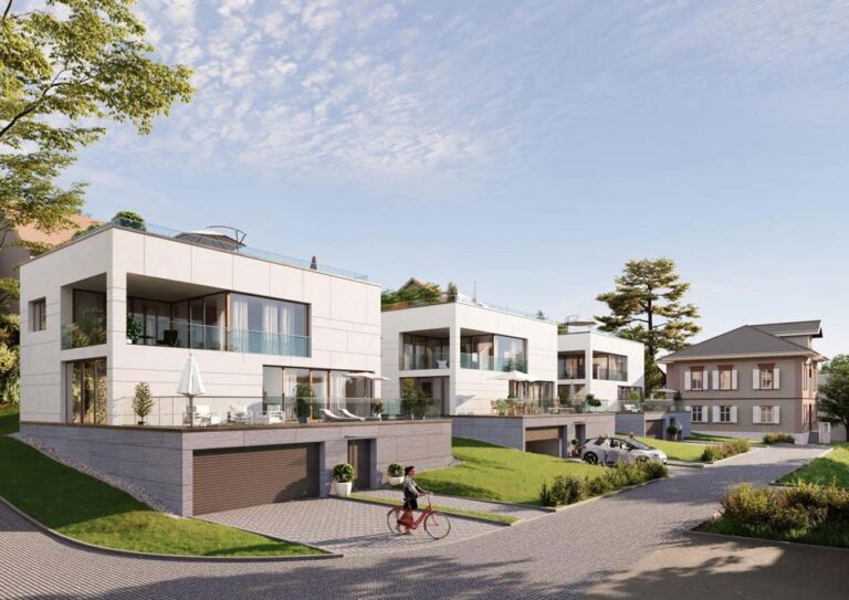 Außenansicht eines modernen Neubaus in Form eines Einfamilienhauses in Nierstein. Entwurf durch die erfahrenen Architekten des Architekturbüros Goldstein Baukonzepte.