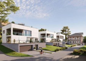 Außenansicht eines modernen Neubaus in Form eines Einfamilienhauses in Nierstein. Entwurf durch die erfahrenen Architekten des Architekturbüros Goldstein Baukonzepte.